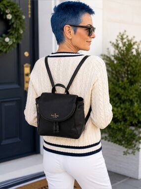 Kate Spade Leila Medium Backpack Black Pebbled Leather Logo Adjustable Straps
